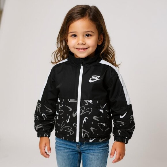 Nike Kids Windbreaker Jacket Black White Girls Lightweight 6 6X NWT - Picture 1 of 1